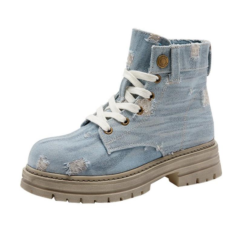 

Модные осенние новые ботильоны из денима на массивном каблуке, женские модные ботильоны на шнуровке с металлическими пуговицами, удобные нескользящие ботинки на платформе 40 небесно-голубой