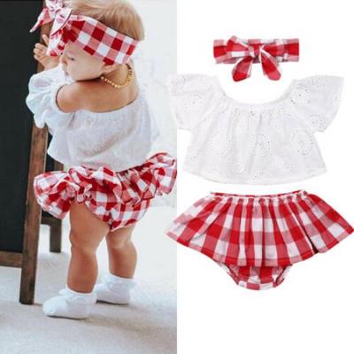 Sommer Infant Neugeborenes Baby Mädchen Weg Von der Schulter Spitze Tops Plaid Shorts 3PCS Kleidung Outfits Set