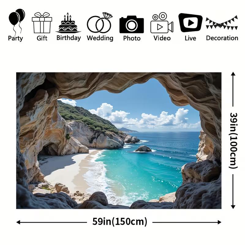 Seaside Cave View Backdrop Natural Rock Cave Coastal Scenery Photography Background Cloth for Wedding & Vacation Theme