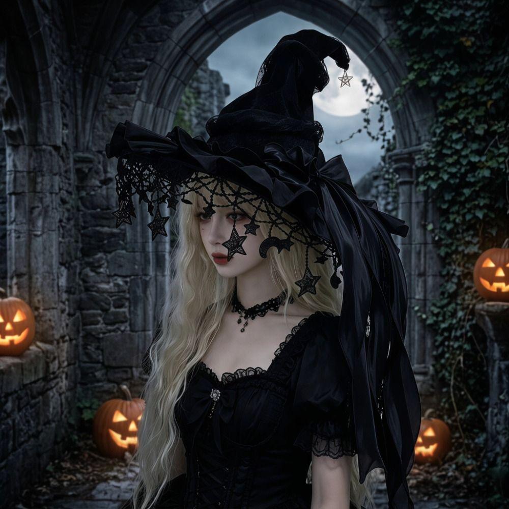 Cosplay Accessories Bow Ribbon Halloween Hat Lace Pearl Yarn Wizard Cap Bat Pendant Gothic Cosplay Accessories Role Play