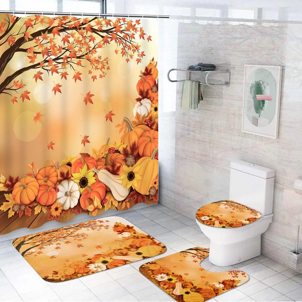 Shower Curtain Set Thanksgiving Pumpkins Fall Leaves November Season With Non-Slip Rugs Toilet Lid Cover Bath Mat Bathroom Set