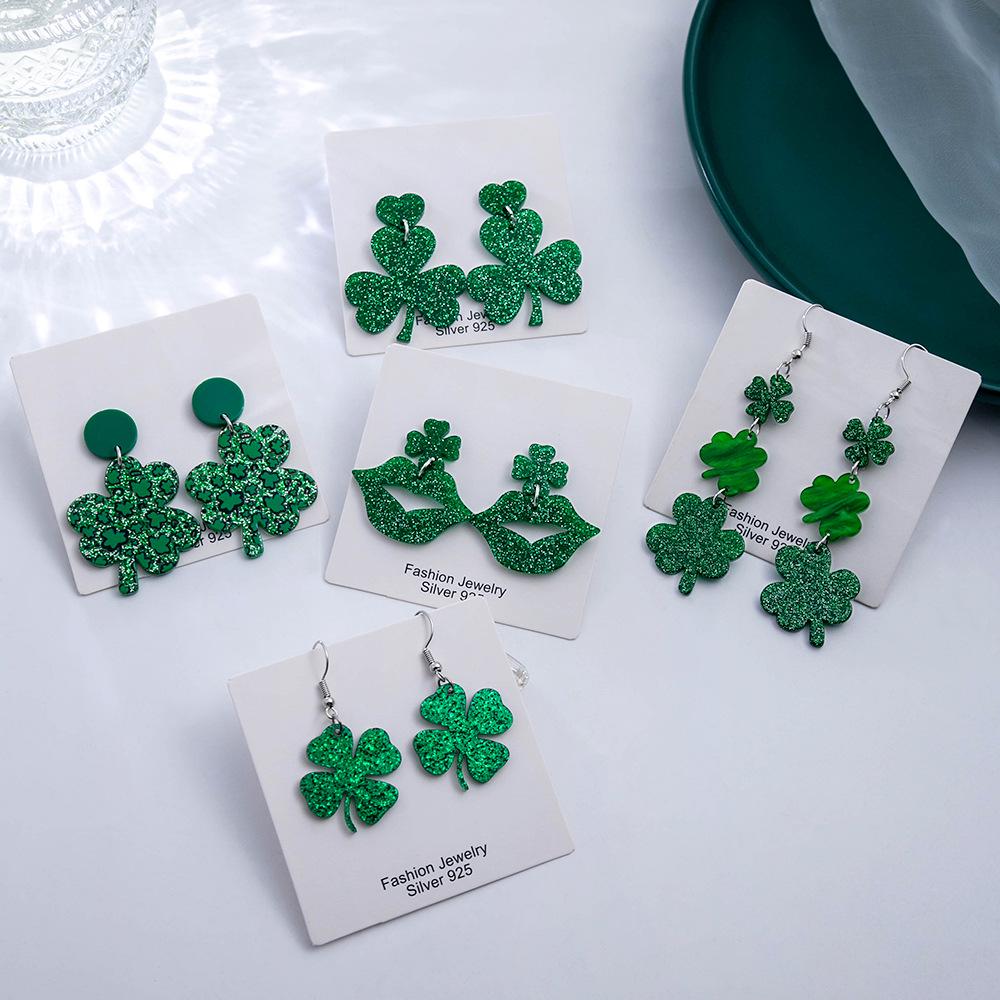 Silver Needle Mori Style Four-Leaf Clover Acrylic Earrings - Fresh, Elegant, Green Shamrock Design