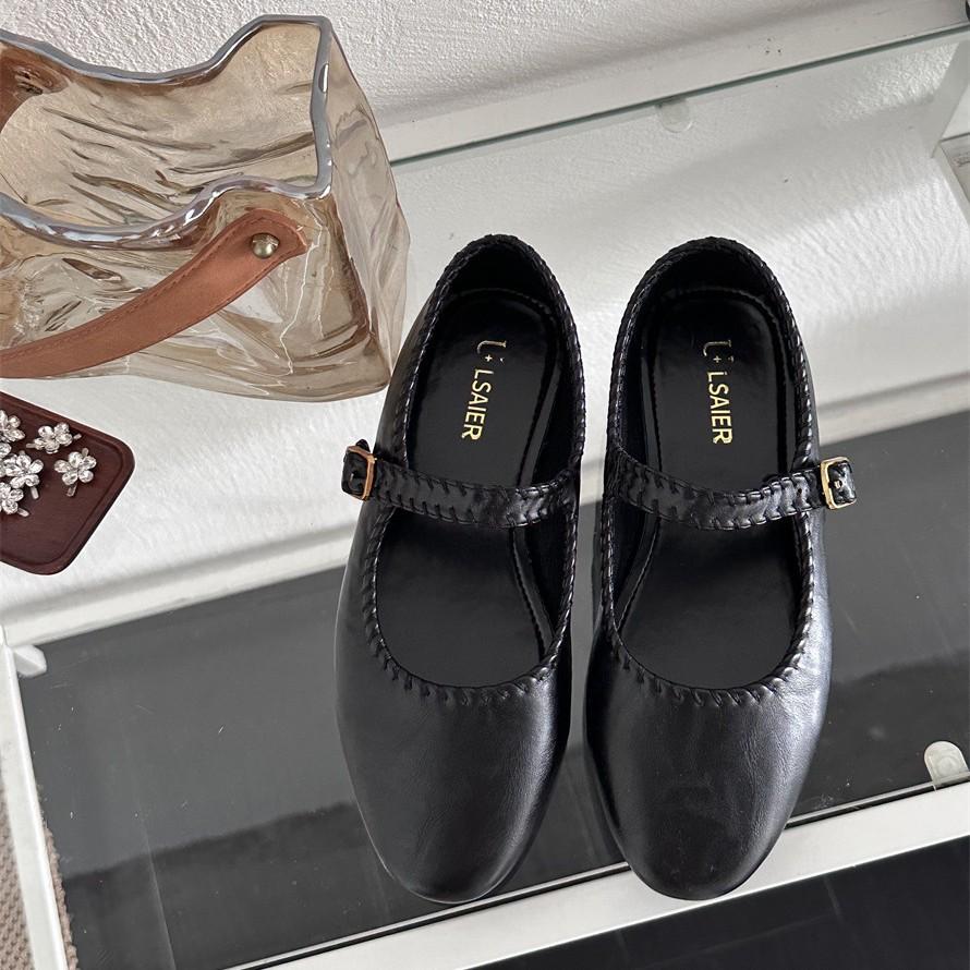 25 autumn new all-sheepskin Mary Jane single shoes round head buckle retro shallow mouth stitching ballet women's shoes