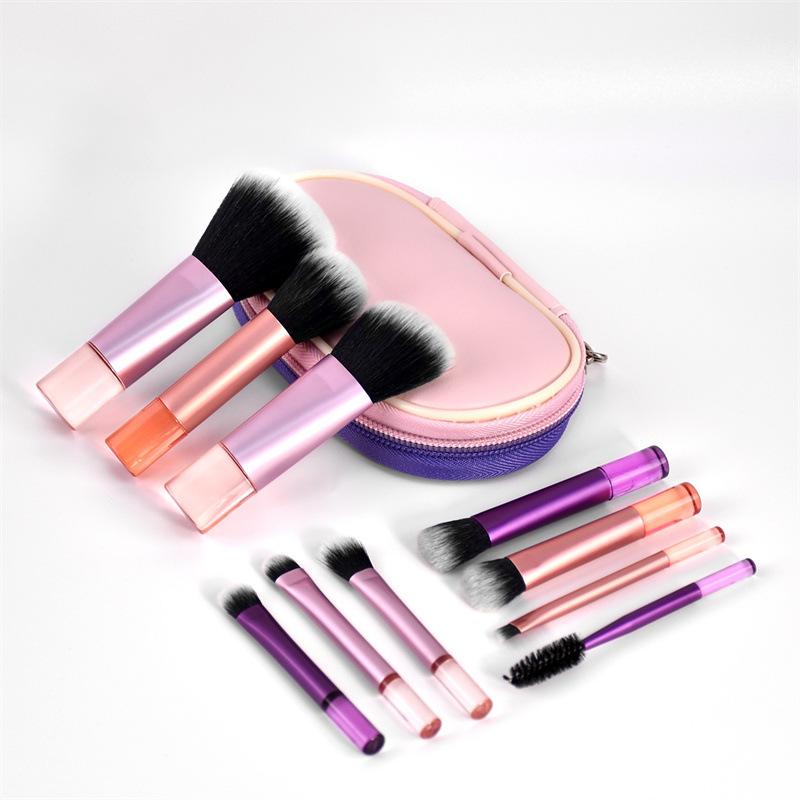10 Mini Makeup Brush Set Crystal Handle Pink Purple Bag Travel Portable Concealer Loose Powder Brush