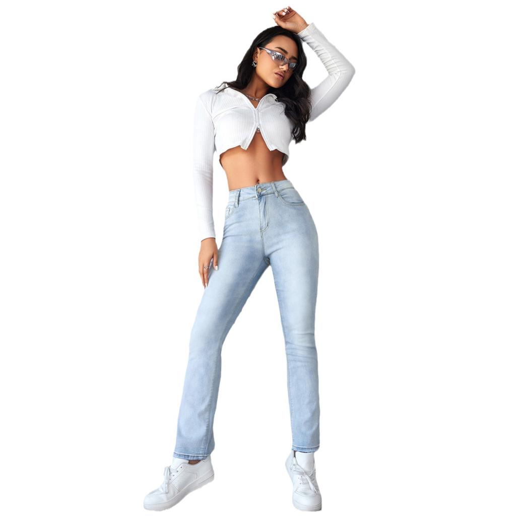 Summer New Women's Jeans Fashion Simple Slim Straight Light Blue Trousers