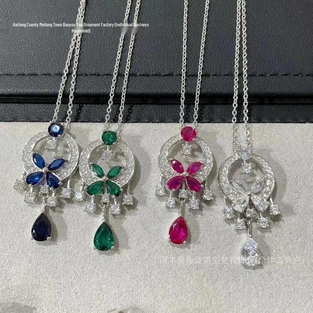 European and American Tassel Diamond Butterfly Teardrop Pendant Necklace - Women's Luxury High-End Clavicle Jewelry