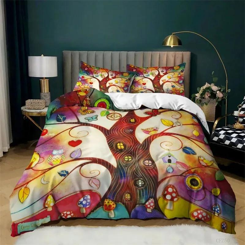 Tree of Life Duvet Cover Set Botanical Branches Leaves Bedding Set Psychedelic Mysterious Colorful Plant Polyester Quilt Cover