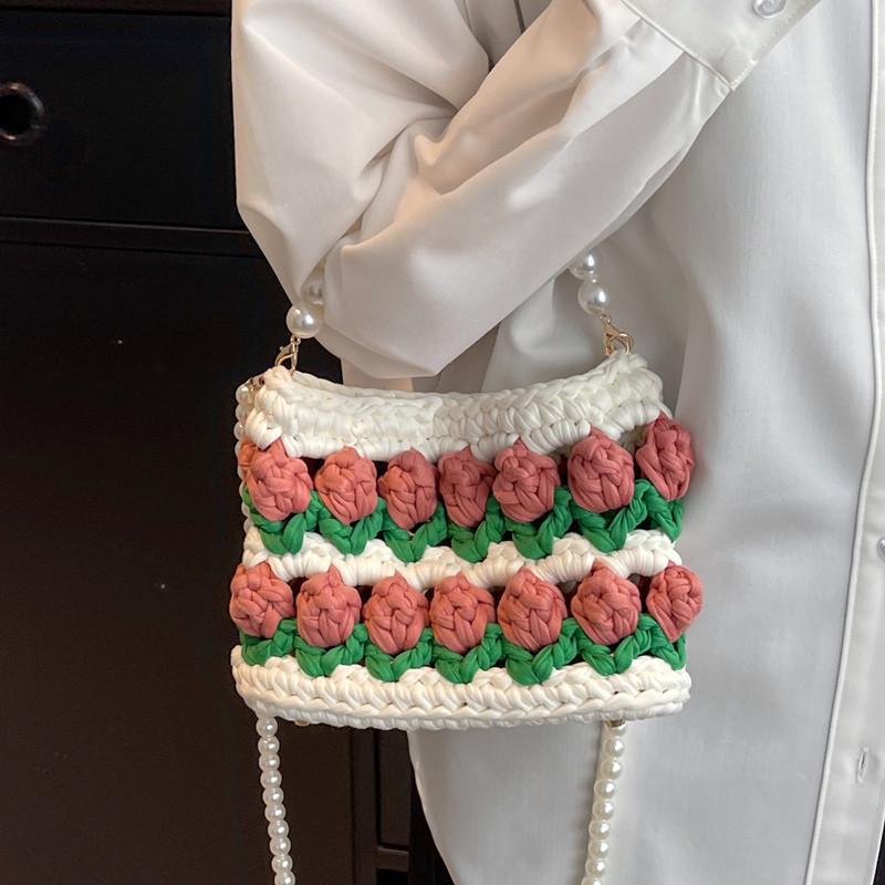 Tulip handmade DIY woven bag, cloth strip material bag, homemade pearl portable messenger bag, gift for girlfriend