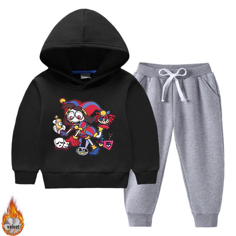 New Style Velvet-Enhanced Hooded Sweatshirt Two-Piece Set for Boys and Girls - Thick Warm Clothing for Autumn and Winter