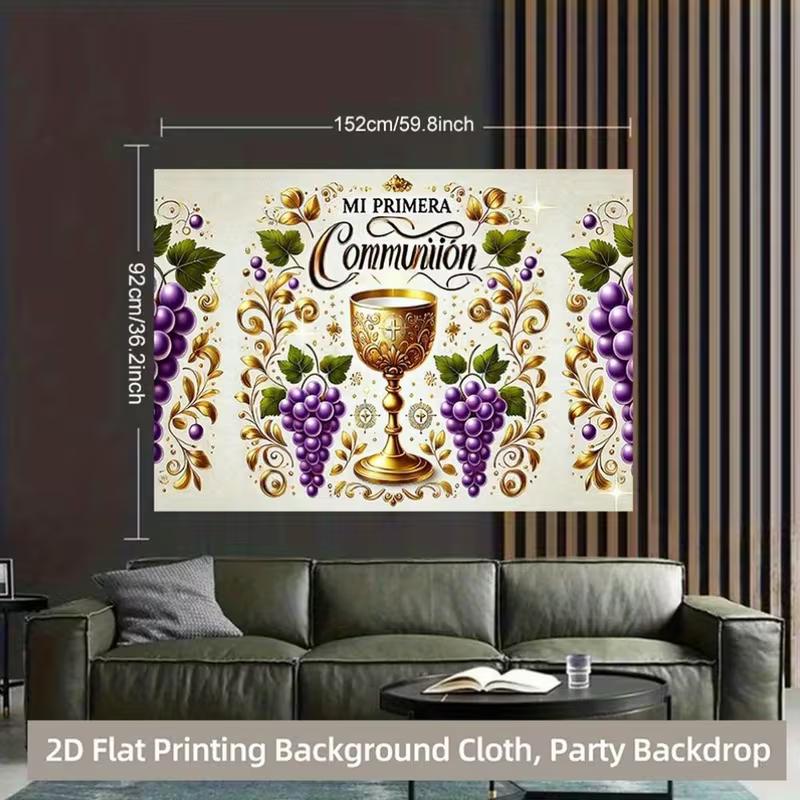 2D Mi Primera Comunion Photography Background, First Communion Golden Chalice and Grape Decor Banner