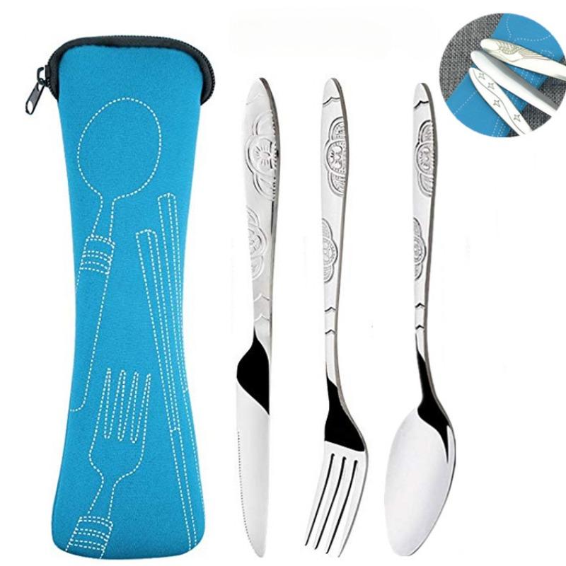 3pcs/set Stainless Steel Western Style Steak Knife Fork Spoon Cloth Bag Portable Western Tableware Creative Gift Set Three-piece