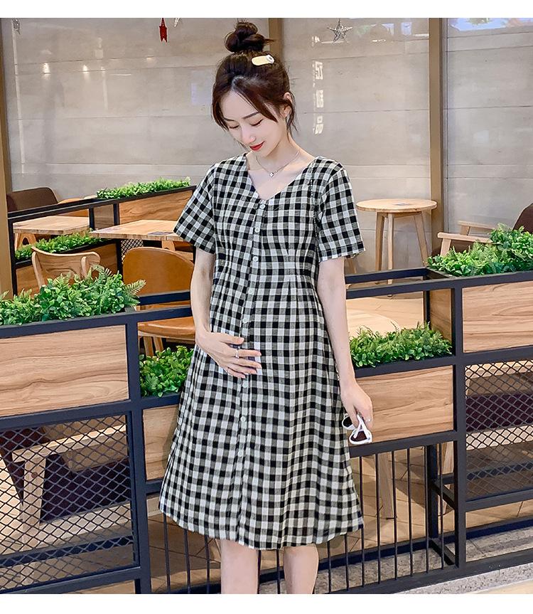 

2023 Новое летнее корейское платье для беременных с V-образным вырезом в клетку - средней длины, с короткими рукавами, свободного кроя XXXL (165-185)