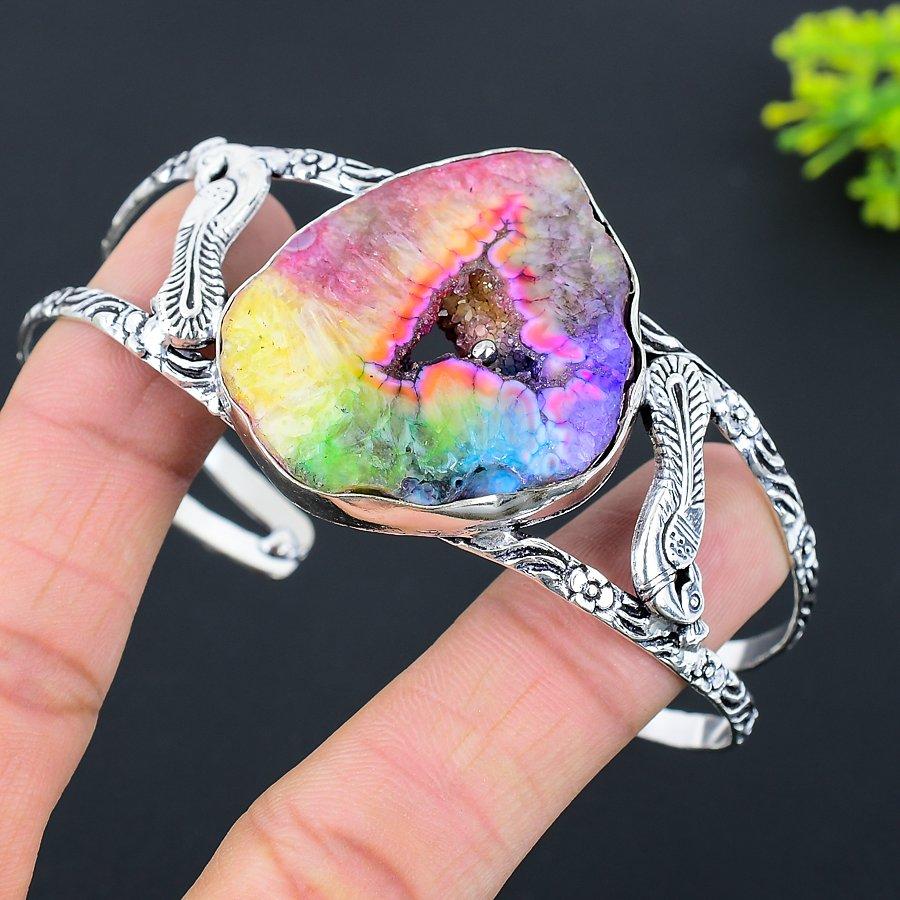Natural Rainbow Solar Quartz Gemstone 925 Sterling Silver Cuff Bangle Adj. B7k39
