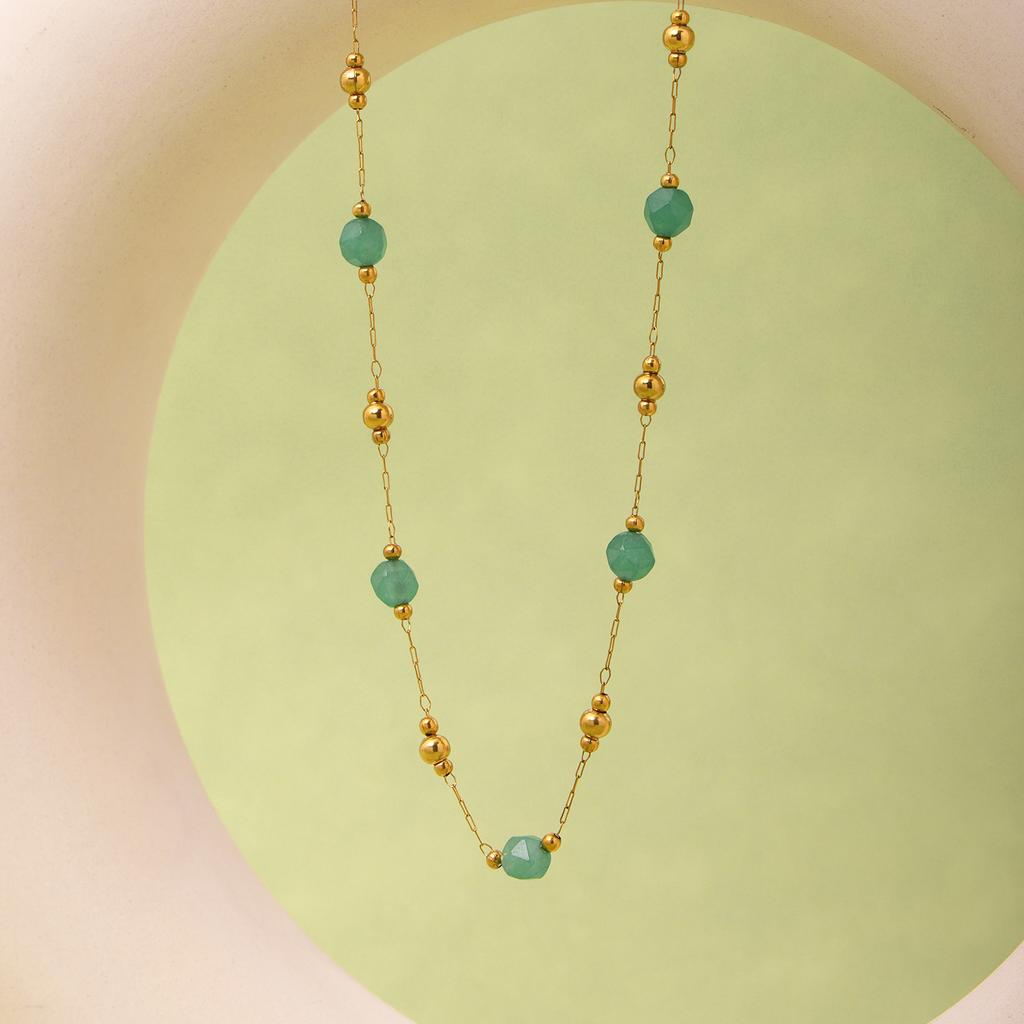 Bohemian 316 Stainless Steel Gold-Plated Ball Beaded Necklace Pink Green Natural Stone Chain Bracelet Set Women's Summer Zircon