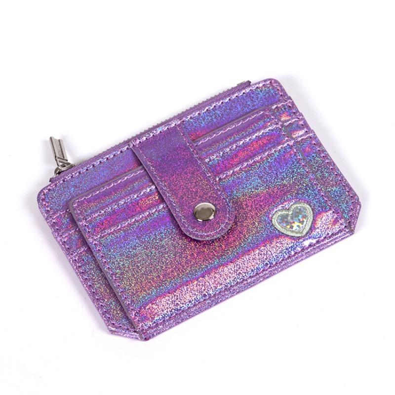 Creative Lady's Purse Laser PU Leather Embroidery Bank Card Bag Card Cover Buckle Zip Change Purse.