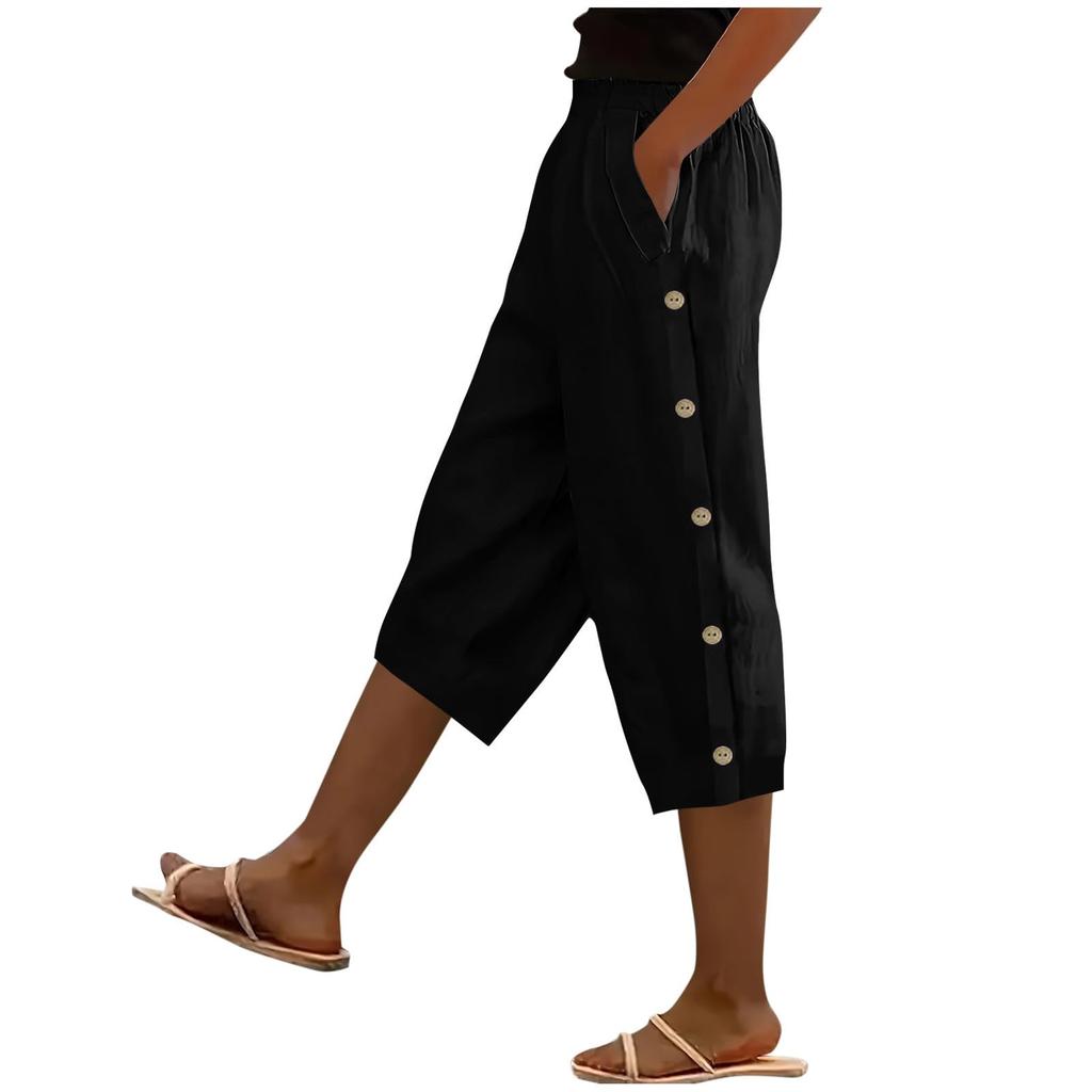 Damesbroek met hoge taille, elastische taille, wijde pijpen, casual pasvorm, lange broek met zakken