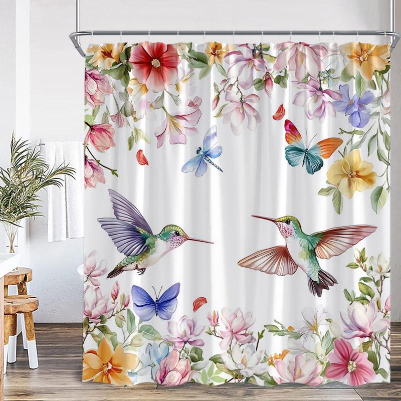 Floral Hummingbird Shower Curtains Watercolor Flowers Butterfly Dragonfly Birds Plant Bath Curtain Modern Fabric Bathroom Decor 90x180cm-35x70in