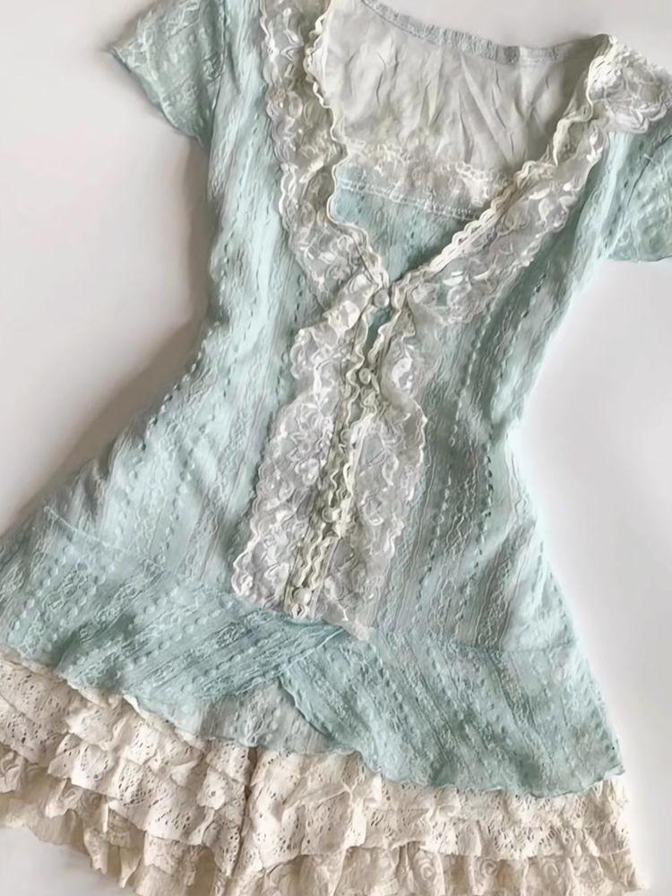 Vintage Lace Ballet Mini Skirt & Mint Top Set