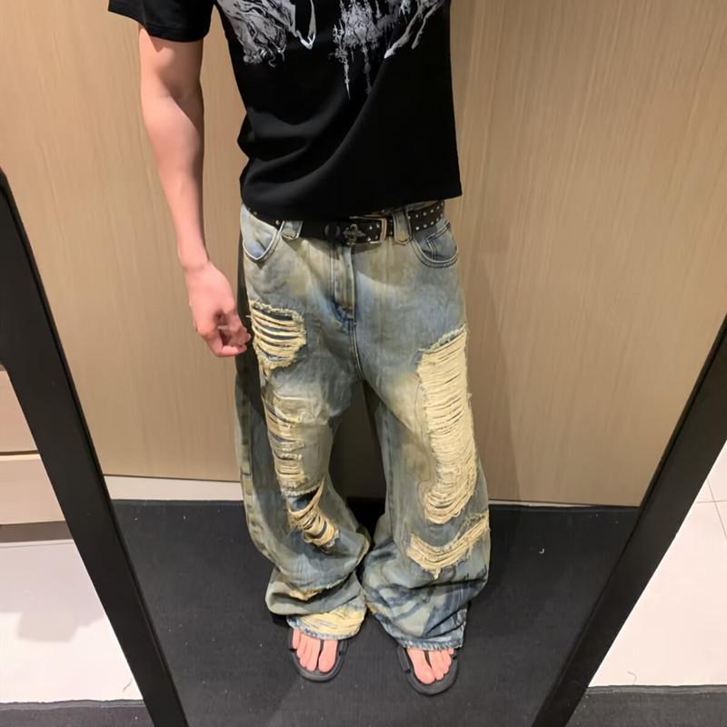 American high street retro washed old summer ripped jeans men's loose straight trendy brand ruffian handsome wide-leg pants