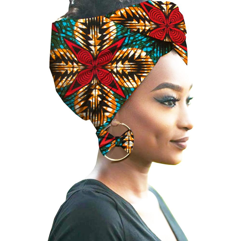 African Print Women Head Bandana Cotton With Matching earring Balaclava Headscarf Bandana Mujer Headband Set Hair Accessories