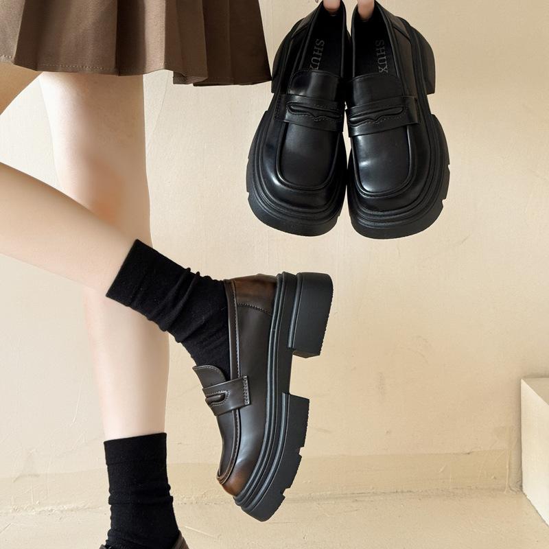 Black Platform British Style Small Leather Shoes Women's 2025 Spring and Autumn New Retro Mary Jane One-pedal Loafers Single Shoes