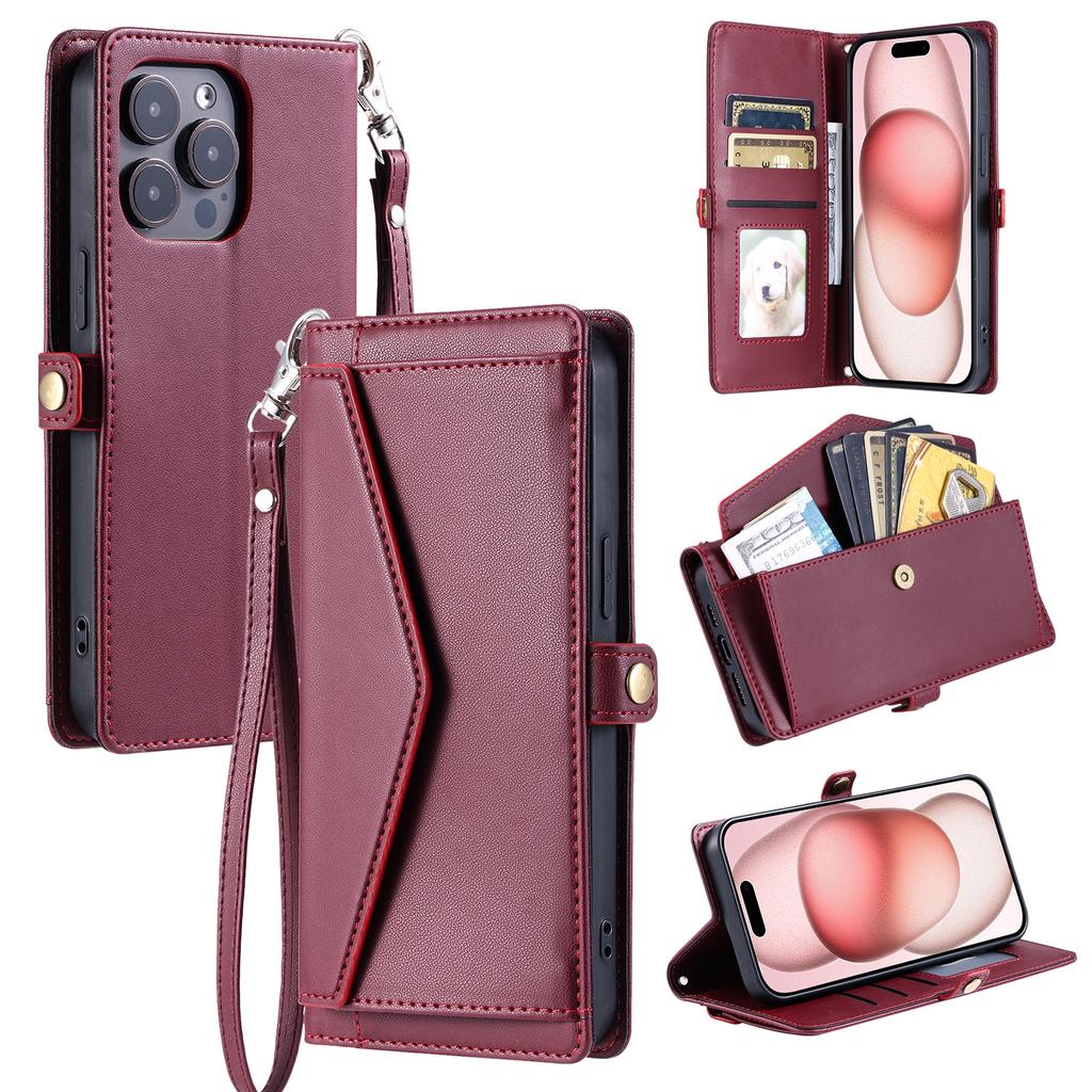 For iPhone 16 Pro Leather Case with Wrist Strap Wallet Stand Phone Cover