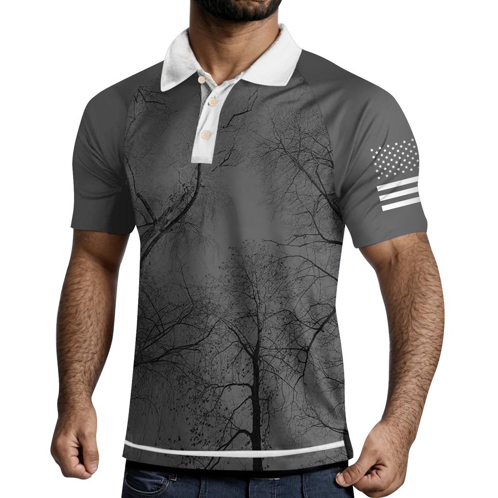 Herre Treknapps Skjorte med Trykk på Revers og Korte Ermer