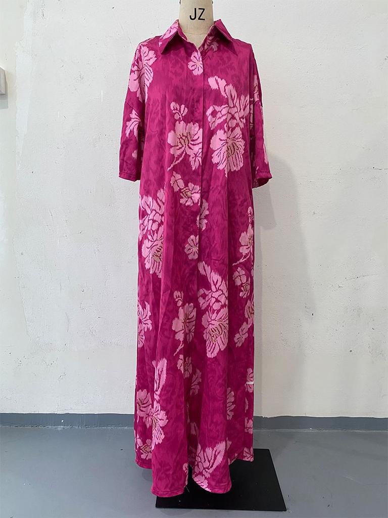 Ladies Floral Print Long Sleeve Maxi Dress Pleated Formal Party Dress
