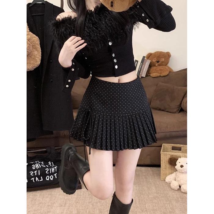 Polka Dot Bow Tie Pleated Mini Skirt with Lace-Up - A-Line, Anti-Exposure, Girlish Summer Design