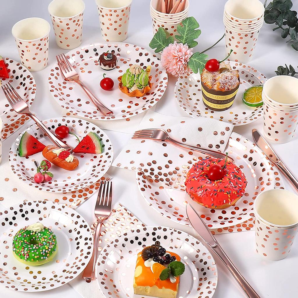 195 Pieces Rose Gold Party Supplies Rose Gold Dot On White Paper Plates Napkins and Cups Disposable Dinnerware Set Rose Gold Plastic Forks Spoons