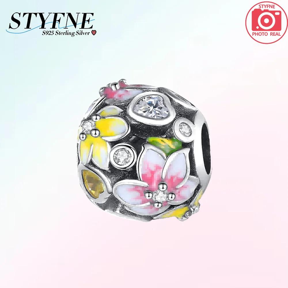 Pink Flowers Gold Butterflies Plant 925 Silver Bag Charms Beads Fit Bracelet Women Accessory Fine Gift Diy Jewelry