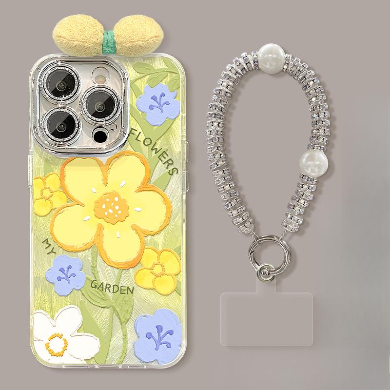 Oil Painting Yellow Bracelet Suitable for Apple 16 Feather Yarn Mobile Phone Case 15pro Bow Doll 13 Bracket 14 Anti-fall 8