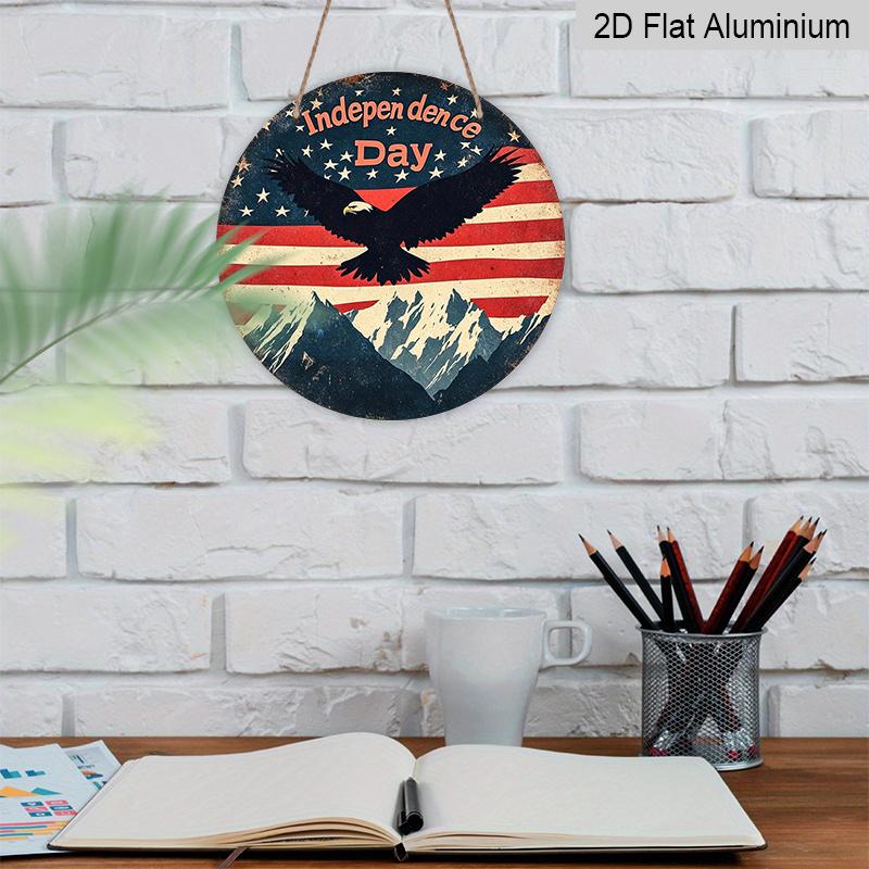 2D Flat, 1pc Independence Day Patriotic Decor Aluminum Metal Sign with American Flag, Eagle, And Mountain Pattern - Red, White, And Blue Independence