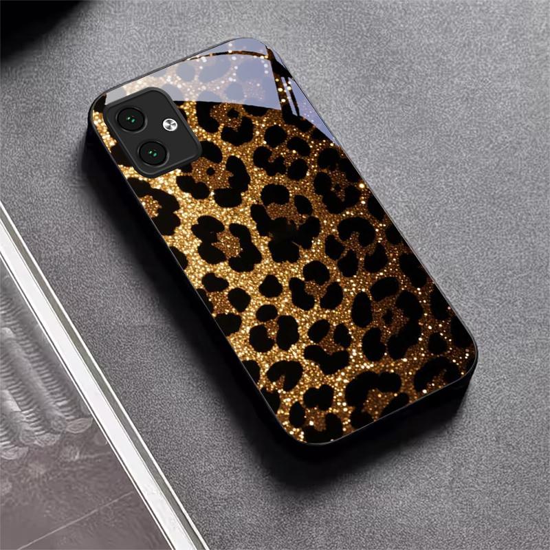Goldfarbene Leopardenmuster Schwarze Glas-Handyhülle für Motorola Moto G14 G22 G24Power G24 G34 G35 G45 G54 G55 G75 G84 G85 Harte Rückseite