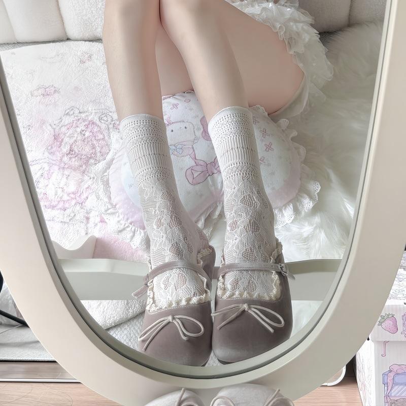 Small Flower Lace Cute Lolita Jacquard Bow With Single Shoes Women'S Versatile Cute Calf Socks Stacking Socks