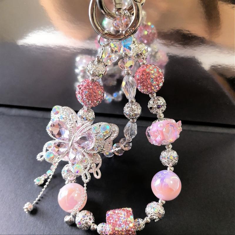 1PC Luxury Sparkling Acrylic Mobile Phone Chain with Cute Butterfly Charm, Colorful Beads and Crystals - Multifunctional Bag Hang or Keychain
