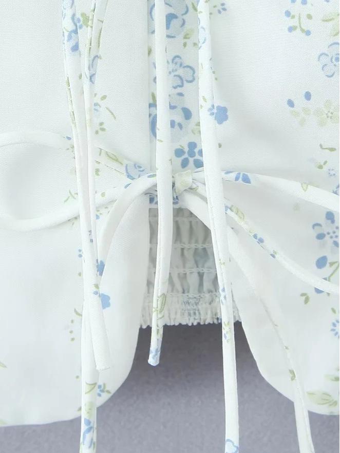 Elegant French Square Neck Floral Tie-Up Top - Women's Summer Slimming Waist-Cinching Shirt