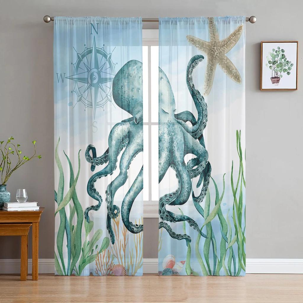 Sea Octopus Retro Cthulhu Sheer Curtains for Living Room Modern Voile Curtain Bedroom Tulle Curtains Window Drapes Decor