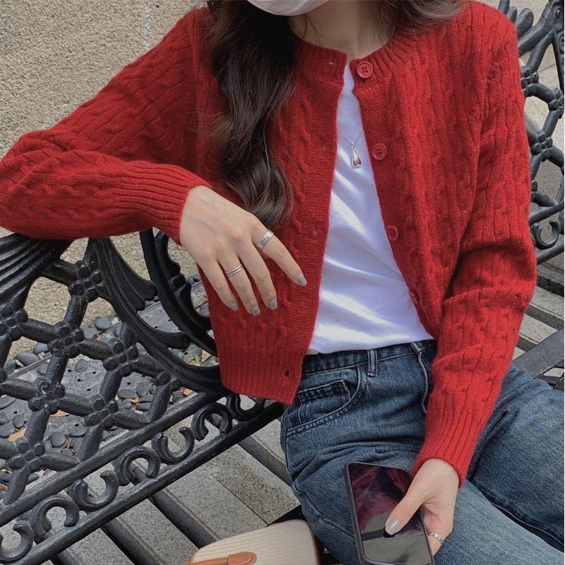 Korean Academic Cable Knit Cardigan for Women – Soft, Sweet Round Neck Solid Knitwear
