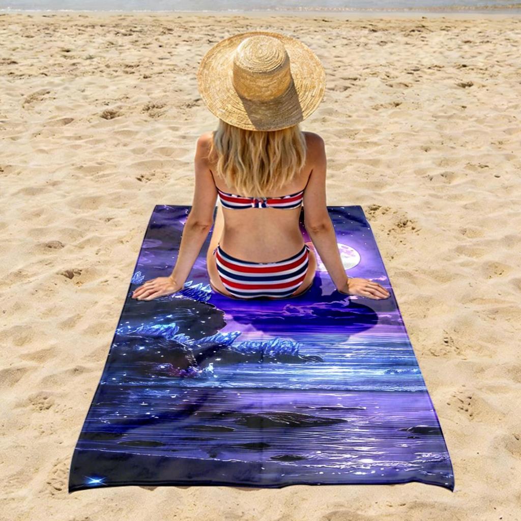 Purple Moon Beach Towel Night Sky Ocean Print Fantasy Design Quick Dry Soft Microfiber Bath Towel For Women Men Gift