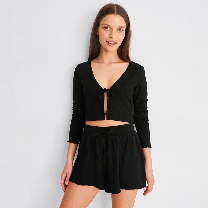 

Fashion Sunken Stripe Knotted Short Tops Shorts Suit Homewear Lace up Top and Shorts Set Black L