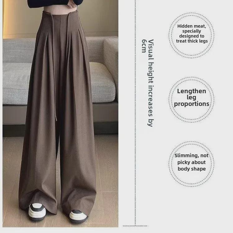 High-Grade Gray Wide-Leg Floor-Length Lace-Up Belly-Control Casual Pants for Women