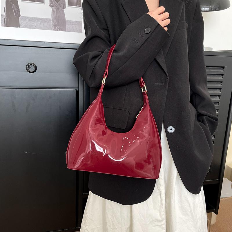 Glossy Shoulder Bag Fashion PU Leather Solid Color Messenger Bag Purse Women Shoulder Bag Hobo Handbag AVE