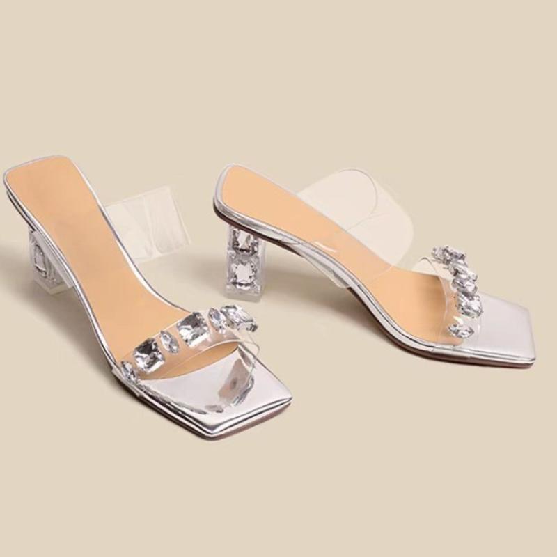 2025 Summer New Crystal Transparent Flip-Flops Diamond Slippers Women Wear Thick Fashion High Heels
