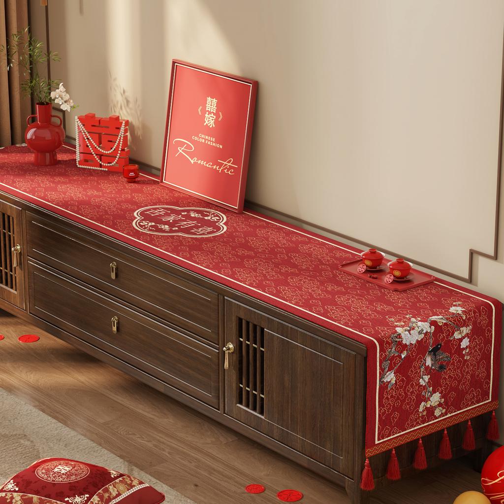 Wedding Tv Cabinet Tablecloth Light Luxury High-End Red Side Cabinet Long Strip Cover Festive Coffee Table Decorative Cloth