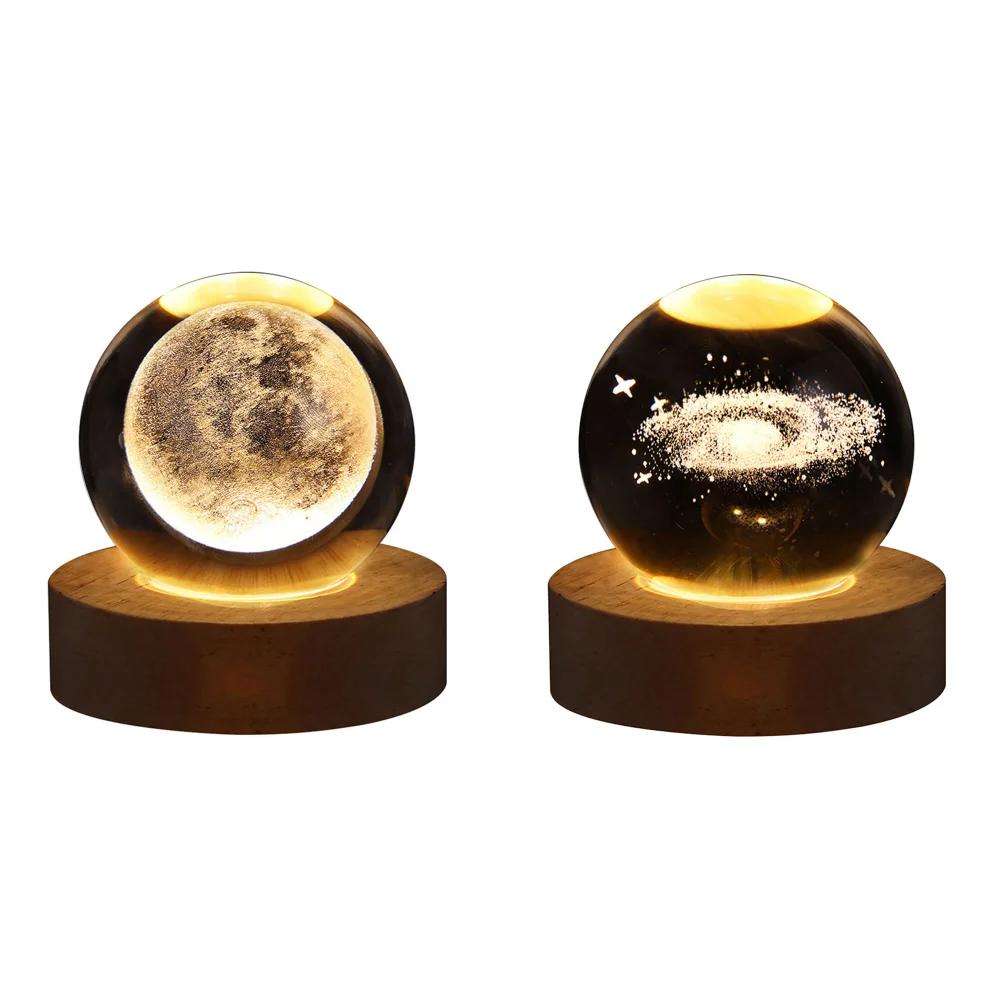 LED Crystal Ball Lamp Milky Way System Crystal Ball Glowing Solar System Crystal Ball with Wooden Base Glass Planet Nightlight