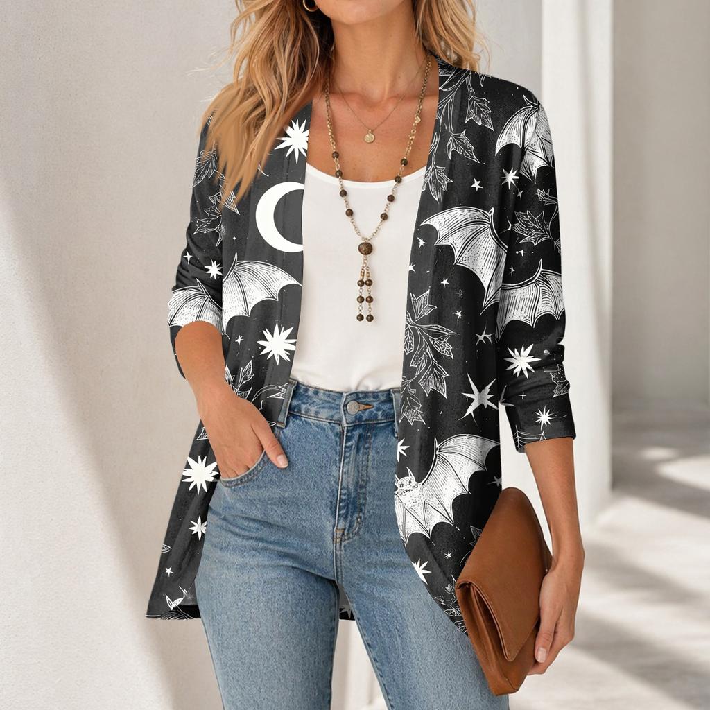 Women's Halloween Print 3/4 Sleeve Lightweight Loose Fit Cardigan for Casual Wear