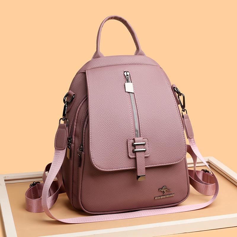 Women's Retro Solid Color Outdoor Backpack Soft Leather Large Capacity Backpack