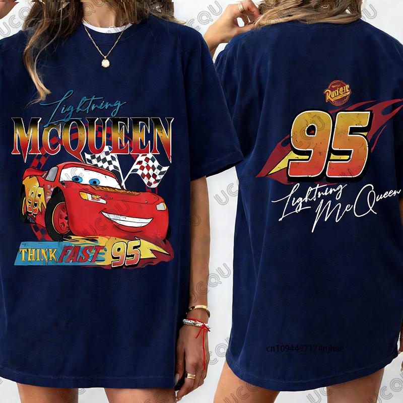 T-shirt in Cotone con Stampa di Auto d'Epoca e Saetta McQueen per Donna, Manica Corta Estiva, Magliette Casual Oversize, Top per Coppie