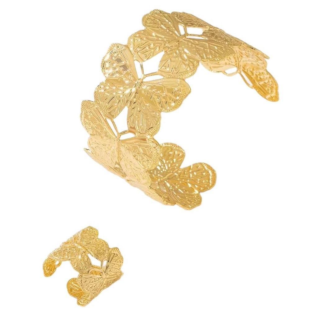 Exquisite Double-Layer Metal Butterfly Texture Bracelet Ring Set